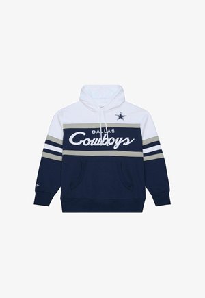 Bluza z kapturem z białymi, szarymi i granatowymi panelami, z napisem Dallas Cowboys i logo gwiazdy, z przednią kieszenią kangurzą i troczkami.