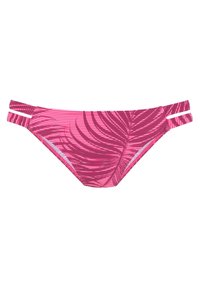Roze bikini onderstuk met een palmbladpatroon, gemaakt van rekbare stof, met twee zijbanden en een gladde textuur.