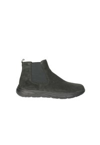 Stivaletti neri in suede con pannelli elastici ai lati, una parte superiore testurizzata e una suola in gomma imbottita per il comfort. Linguetta sul tallone per una facile calzata.