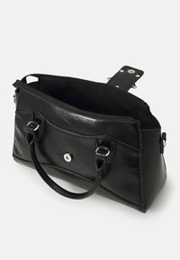 Black leather handbag with two top handles, zip closure, and a front pocket. Features shiny silver hardware and smooth texture.