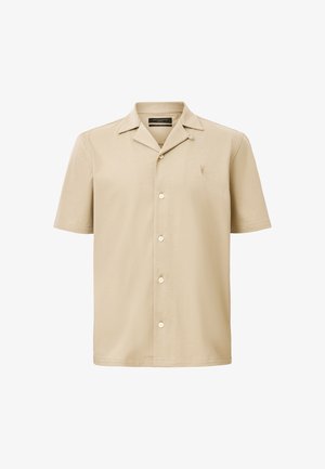 Kortærmet beige skjorte med reverskrave, syv frontknapper og et diskret logo broderet på venstre bryst. Glat tekstur.