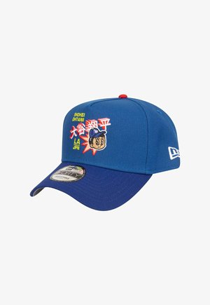 Blue cap featuring embroidered designs, including a cartoon character and Japanese text. Adjustable strap and structured visor.