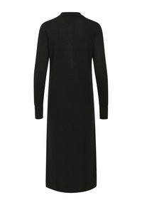 Black long-sleeve dress made of a smooth knit fabric, featuring a classic collar and a straight shape that falls below the knee.
