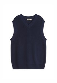 Gilet en tricot sans manches bleu marine avec un design en V, présentant une texture côtelée et un ourlet droit. Étiquette du fabricant à l'intérieur du col.