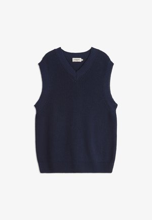 Navy blue sleeveless knit vest with a v-neck design, featuring ribbed texture and a straight hem. Manufacturer label inside neck.