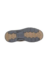 Suola di scarpa in gomma nera con un motivo di battistrada che presenta sezioni curve e a zigzag, accentuata da un dettaglio marrone sul tallone.