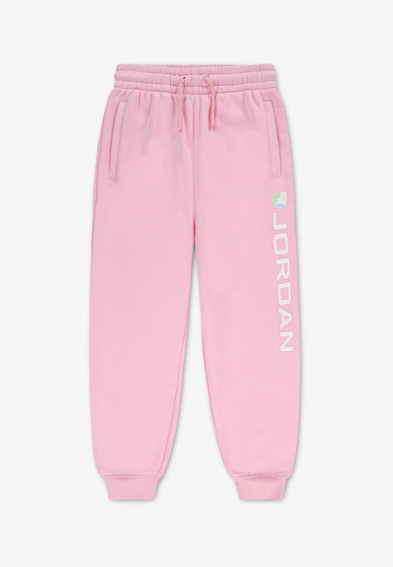Ροζ φόρμα από απαλό ύφασμα, με ελαστική μέση, πλαϊνές τσέπες και το λογότυπο «JORDAN» τυπωμένο σε λευκό στο πόδι.