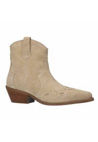 Stivale alla caviglia in suede beige con motivi floreali cuciti, punta affusolata e tacco in legno di 2,5 pollici. Linguetta sulla parte superiore per indossarlo facilmente.