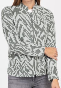 Kurtka zapinana na zamek w jasnoszarym i ciemnozielonym kolorze z zygzakowatym wzorem. Wykonana z miękkiego materiału, z wysokim kołnierzem i dopasowanymi rękawami.