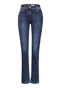 Mörkblå denimjeans med rak passform, femficksdesign, kontrastsömmar, knappstängning och subtila blekningsdetaljer.