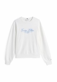 Witte sweatshirts met blauw "Tommy Hilfiger" logo, ronde hals, lange mouwen en geribde boorden; heeft merkaccent op de mouw.