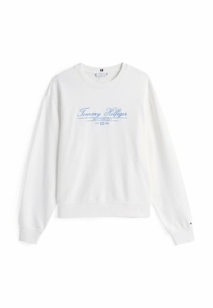 Felpa bianca con logo blu "Tommy Hilfiger", collo rotondo, maniche lunghe e polsini a coste; presenta un accento del marchio sulla manica.