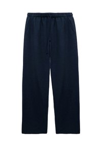 Marineblauwe joggingsbroek van zacht materiaal, met een elastische tailleband met trekkoord, zijzakken en een relaxed fit.