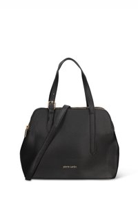 Borsa a mano in ecopelle nera con finitura testurizzata, doppio manico e tracolla rimovibile, con logo dorato e chiusura con zip.