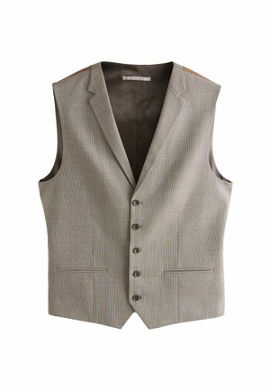 Férfi ujjatlan, szürke kockás mellény bevágott gallérral, öt gombbal és két első zsebbel, fehér háttéren.