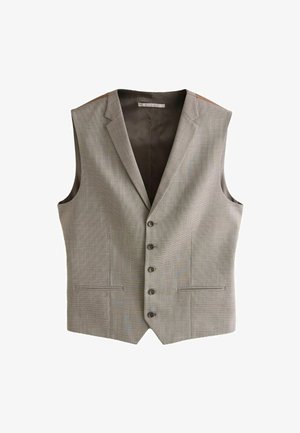 Vīriešu pelēks pleds bez piedurknēm veste ar izgrieztu atloku, pieciem pogām un divām priekšējām kabatām, attēlota uz balta fona.