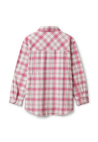 Camicia a maniche lunghe con bottoni e motivo plaid in rosa e bianco, colletto aperto e polsini con bottone, vista da dietro.