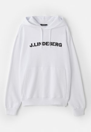 Vit hoodie med framficka, dragsko i huvan och djärv svart text som läser "J. LINDEBERG" över bröstet. Mjuk tygtextur.