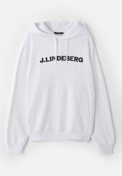Felpa bianca con tasca frontale, cappuccio con cordino e testo nero in bold che legge "J. LINDEBERG" sul petto. Tessuto morbido.