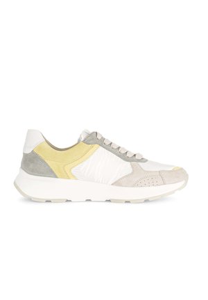 Low-top casual sneaker in white, gray, yellow, and beige with lace-up closure and a thick white sole.