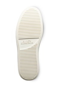Semelle de chaussure en caoutchouc blanc avec un design texturé présentant des rainures horizontales et verticales, logo "ALLEN EDMONDS" en relief et bout arrondi.