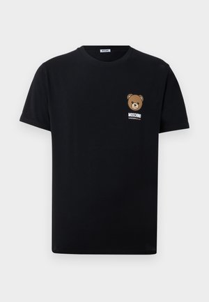 Czarny t-shirt z krótkim rękawem z małą grafiką misia i napisem "MOSCHINO UNDERBEAR" na lewej piersi.