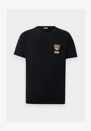 Black short-sleeve t-shirt with small teddy bear graphic and "MOSCHINO UNDERBEAR" text on the left chest.