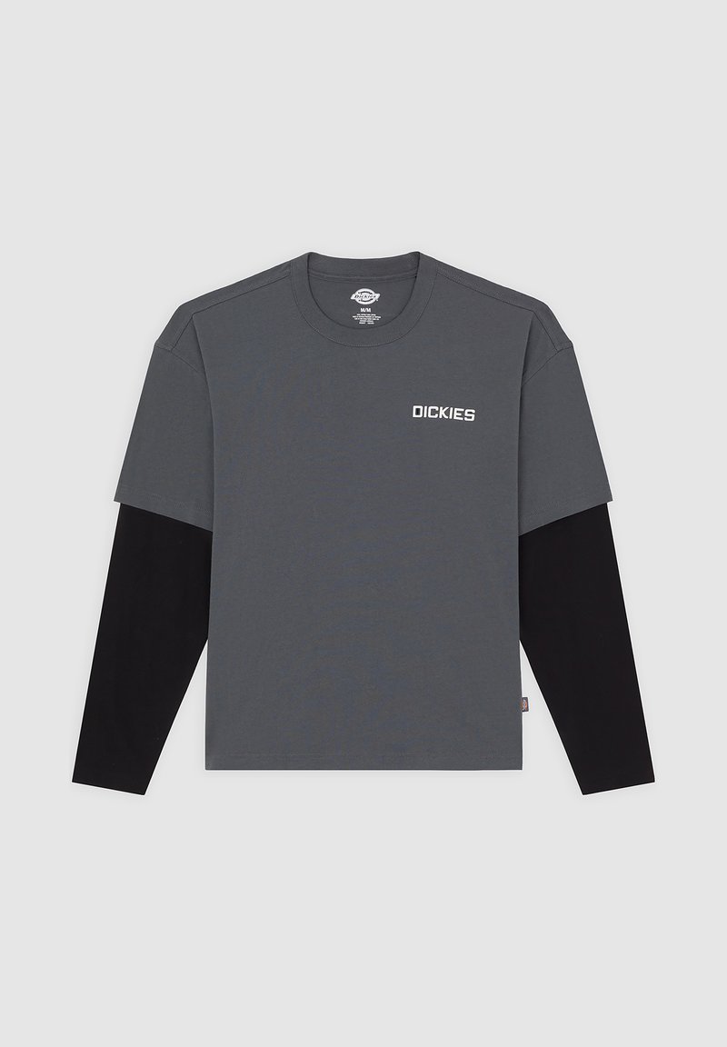 Gray short-sleeve T-shirt with black long sleeves. Features "DICKIES" logo in white on the chest. Made of cotton blend fabric.