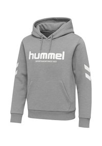 Szara bluza z kapturem wykonana z mieszanki bawełny, z kangurzą kieszenią, regulowanym kapturem i białym logo z wzorami chevron na rękawach.