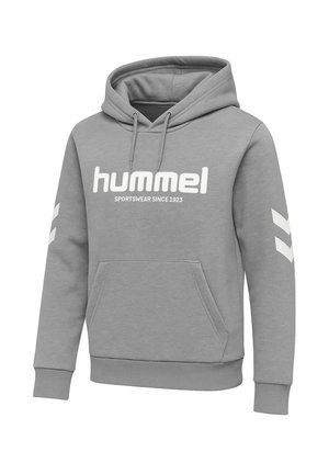 Grauer Hoodie aus Baumwollmischung mit Kängurutasche, verstellbarem Kordelzug an der Kapuze und weißem Logo mit Zickzackmustern auf den Ärmeln.