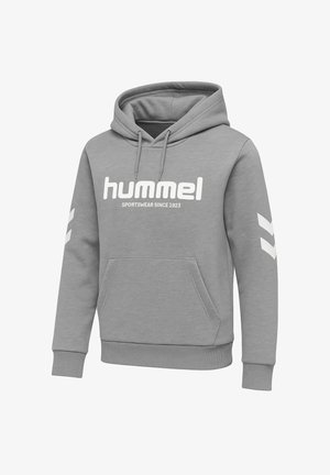 Grauer Hoodie aus Baumwollmischung mit Kängurutasche, verstellbarem Kordelzug an der Kapuze und weißem Logo mit Zickzackmustern auf den Ärmeln.