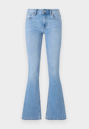 Light blue flared jeans made of denim, featuring a fitted waist, front pockets, and a zipper fly. Distinctive flared hem at ankle.