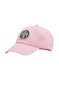 Rosa Baumwoll-Baseballmütze mit gebogenem Schirm, besticktem Schwarz-Weiß-Logo-Patch auf der Vorderseite, sichtbaren Nähten und verstellbarem Riemen.