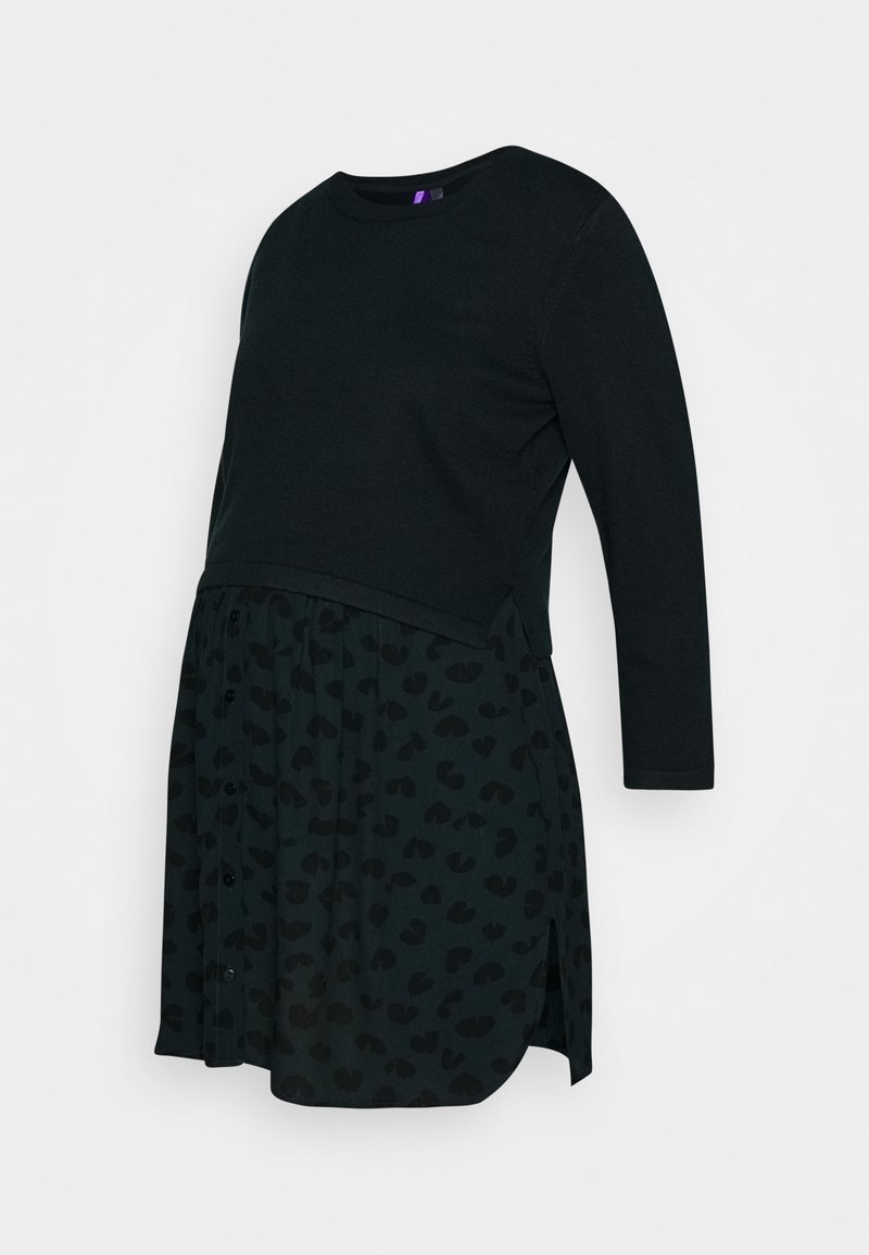 Robe de maternité noire à manches longues avec un effet superposé et une jupe à imprimé léopard foncé subtil avec détails de boutons et fentes latérales.