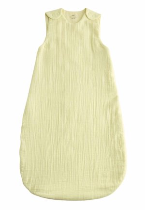 Lichtgele mouwloze babyslaapzak met drukknoopsluitingen op de schouders en een gestructureerd stofontwerp.