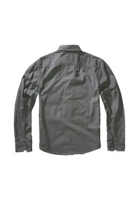 Sötétszürke anyagból készült, hosszú ujjú ing, gombos mandzsettákkal, hegyes gallérral és sima, puha textúrával. A hátulnézet nem mutat látható mintázatot.