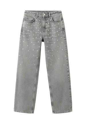 Vaqueros de mezclilla gris con patas anchas y pequeñas decoraciones dispersas de perlas blancas en la parte superior delantera, con bolsillos delanteros y trabillas para cinturón.