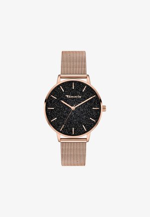 Roségoldfarbene Uhr mit einem schwarzen Glitzertzifferblatt, minimalistischen Stundenmarkierungen und einem feinen Mesh-Armband. Elegantes, rundes Gehäuse und klare Zeitindikatoren.