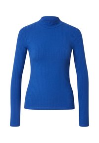 Rippstrick-Turtleneck-Top in leuchtendem Blau, lange Ärmel, figurschmeichelnder Schnitt, glatte Textur, mit hohem Kragen und geradem Saum.