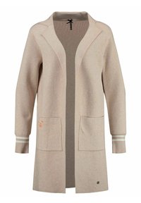Lång beige öppen cardigan med två framfickor, krage och vita ränder vid ärmsluten.