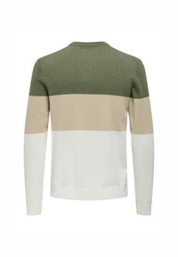 Pull à manches longues, présentant des rayures horizontales en vert olive, beige et blanc. Texture tricotée et col rond classique.