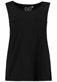 Schwarzes ärmelloses Tanktop mit rundem Ausschnitt. Hergestellt aus weichem Stoff und mit seitlichen Schlitzen für Bewegungsfreiheit. Einfaches und klassisches Design.