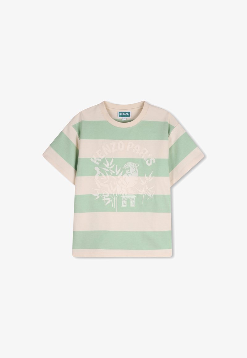 T-shirt rayé vert et crème, avec une impression graphique "KENZO PARIS" et un dessin illustré. Manches courtes et encolure ronde.