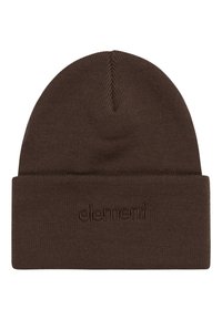 Brown knit beanie with a folded cuff and subtle embossed logo. The texture appears soft and warm, suitable for cold weather.