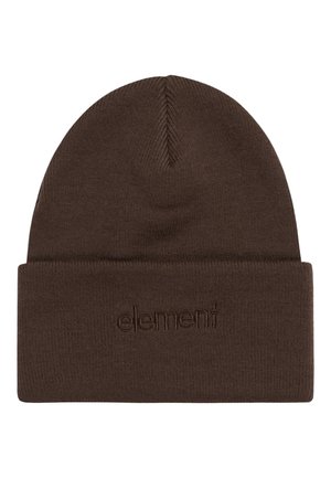 Brown knit beanie with a folded cuff and subtle embossed logo. The texture appears soft and warm, suitable for cold weather.