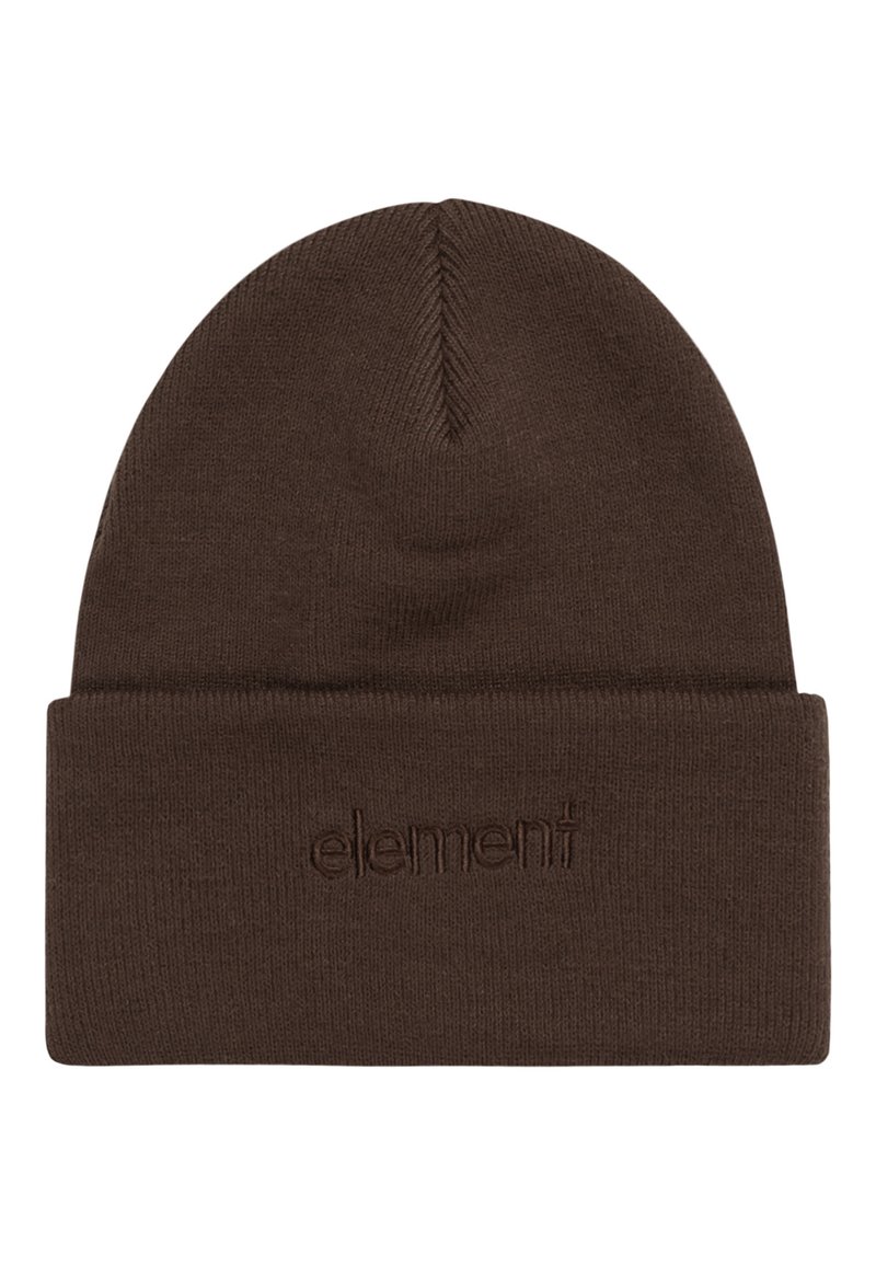 Brown knit beanie with a folded cuff and subtle embossed logo. The texture appears soft and warm, suitable for cold weather.