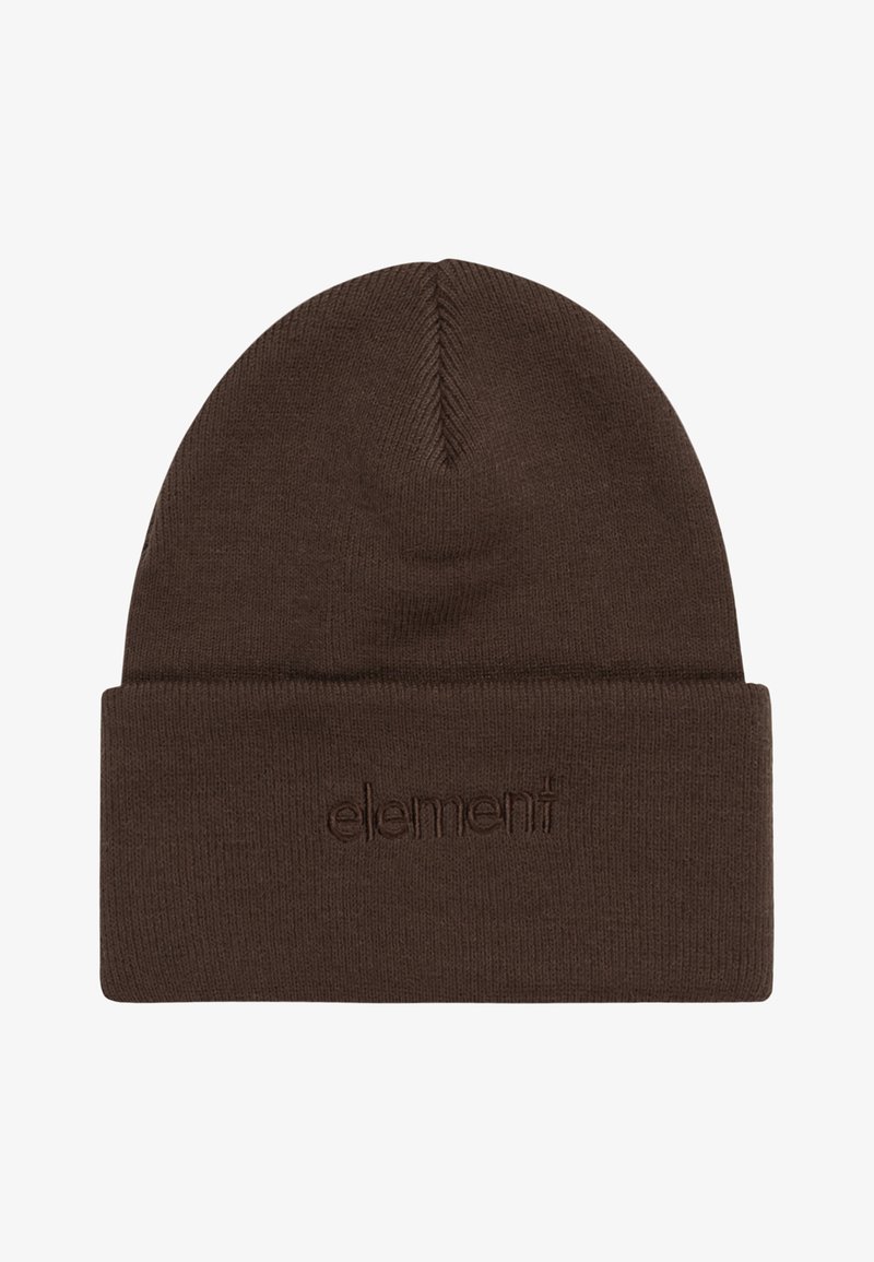 Brown knit beanie with a folded cuff and subtle embossed logo. The texture appears soft and warm, suitable for cold weather.