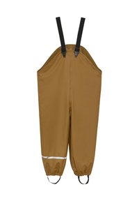 Bruine waterdichte overalls met elastische manchetten en verstelbare zwarte bretels. Voorzien van een reflecterende witte streep aan de onderkant van het been.