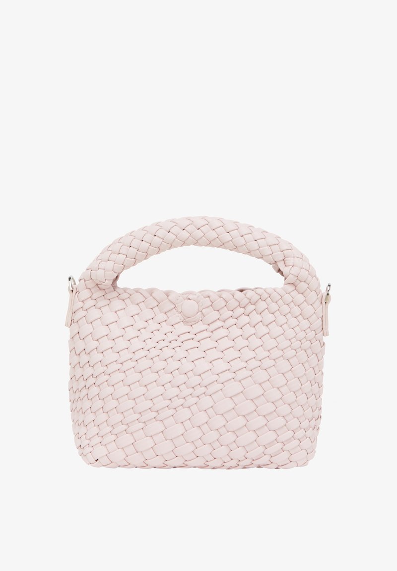 Szövött világos rózsaszín kézitáska lekerekített fogantyúval, gombos zárással és sima textúrával. Kompakt forma, a szövésből eredő finom mintákkal.