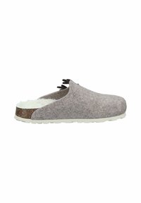 Gray felt slip-on clog with a white fleece lining, featuring a light sole and a bronze accent at the heel. Includes decorative tassels.